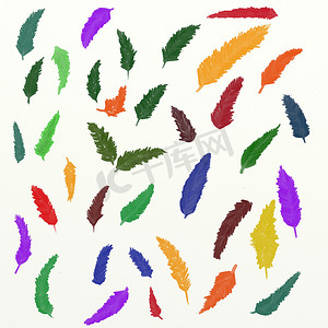 手绘水彩不同颜色的叶子集合在 w