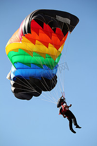 迷彩降落伞摄影照片_有五颜六色的降落伞的跳伞者在蓝天
