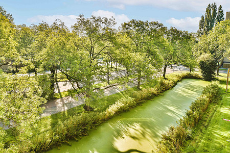 一条河流穿过郁郁葱葱的绿树成荫的公园