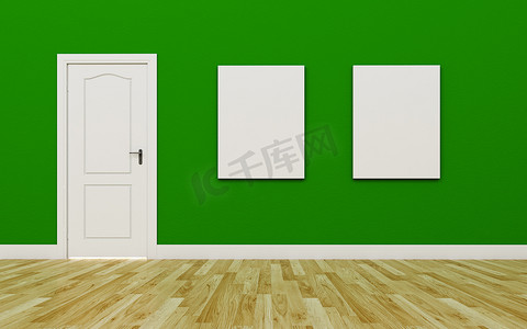 棕色海报摄影照片_绿墙上紧闭的白门，两张空白海报，木地板