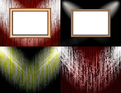 彩色墙壁照明上的一组空白框架，带聚光灯的抽象彩色背景。