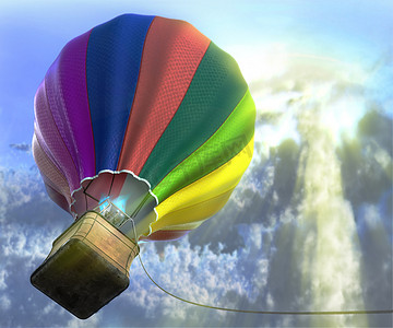 时间风摄影照片_带篮子、太阳耀斑和云层的飞行浮空器