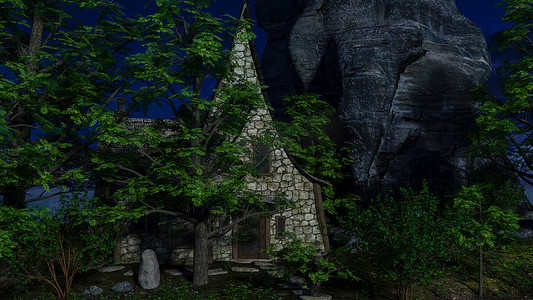 月光下童话森林中的石头房子