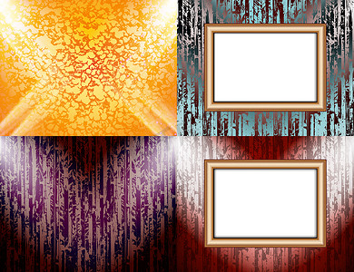 彩色墙壁照明上的一组空白框架，带聚光灯的抽象彩色背景。