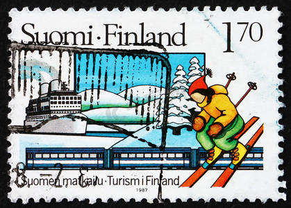华诞摄影照片_邮票芬兰 1987 滑雪者