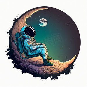 傣族卡通摄影照片_坐在月球上的宇航员的卡通形象