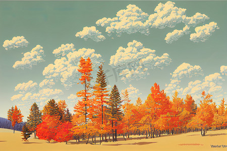 秋天森林卡通摄影照片_有趣的平面卡通秋季景观。