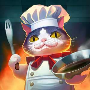 卡通饭馆摄影照片_厨师的猫戴着厨师帽的卡通形象，他在厨房里做饭，卡通