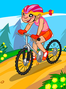 卡通插画花摄影照片_骑自行车的卡通女孩插画