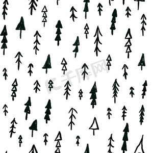 手在白色背景上绘制圣诞树无缝模式。