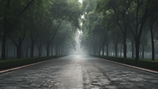 灰色雾气摄影照片_绿树间的灰色混凝土巷道雾气朦胧