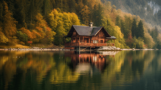 山边湖边的棕色木屋
