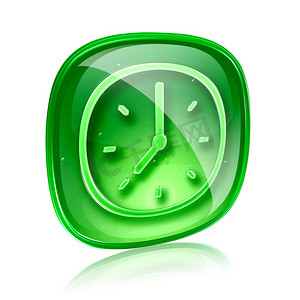 时钟图标绿色玻璃，隔离在白色背景上