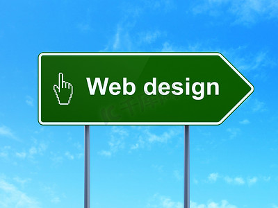 Web 开发概念： 路标背景上的 Web 设计和鼠标光标