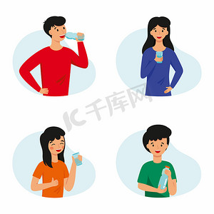 家庭喝水摄影照片_一组插图与喝水的人。