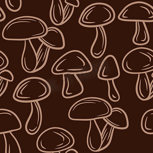 手绘无缝图案与米色棕色森林木蘑菇。