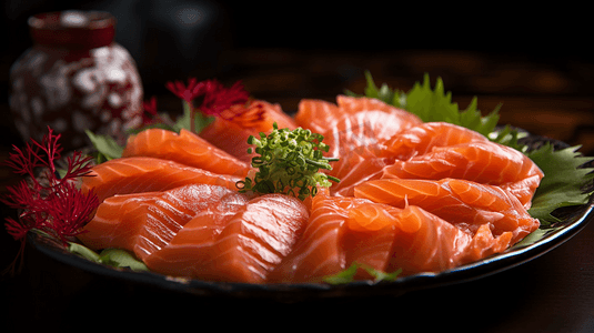 日本料理水彩摄影照片_日本料理三文鱼刺身