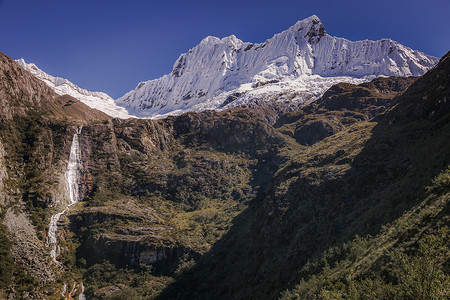 莫兰迪几何色块摄影照片_白雪皑皑的安第斯山脉白雪皑皑的科迪勒拉布兰卡瀑布和瓦斯卡兰地块，安卡什，秘鲁