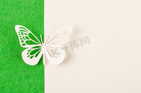 由雕刻纸制成的蝴蝶或在绿色和黄色背景上切割，并为您的文本或消息提供空白空间。