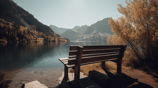 白天靠近水体和山体的棕色木凳