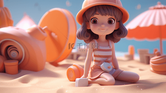 海边女子背景图片_3D夏天3D小女孩