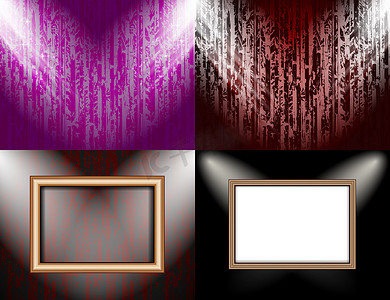 抽象彩色背景摄影照片_彩色墙壁照明上的一组空白框架，带聚光灯的抽象彩色背景。