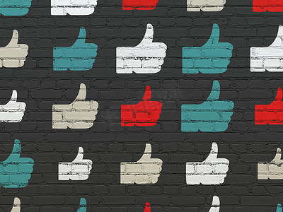 社交媒体概念： 大拇指在背景墙上的图标
