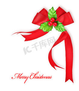 荷莉贝瑞和红色蝴蝶结缎带，圣诞装饰边框