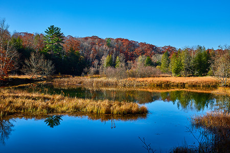 大山蓝天摄影照片_秋末蜿蜒的密歇根河被树叶和蓝天包围