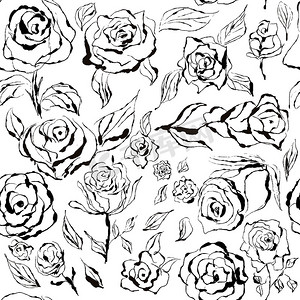 玫瑰花黑玫瑰摄影照片_黑色和白色无缝图案与黑玫瑰。