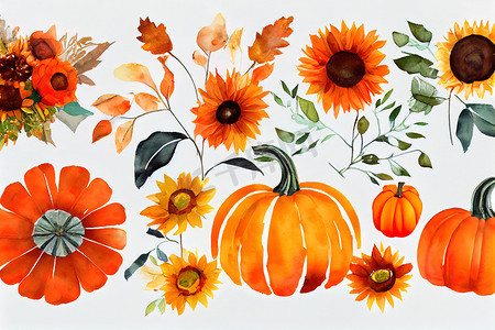 向日葵水彩摄影照片_具有向日葵花束、秋季布置、农舍的水彩橙色南瓜秋季组合物