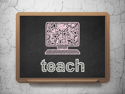 教室背景墙摄影照片_教育理念： 计算机 Pc 和教在黑板背景