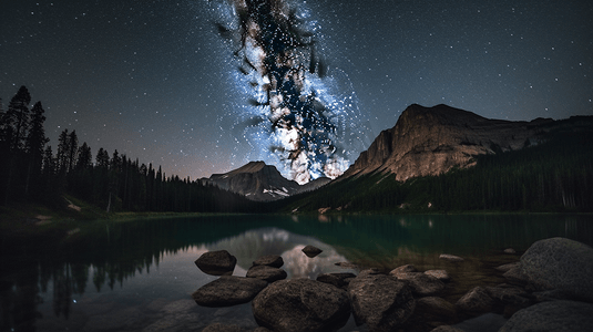 水体摄影照片_在繁星点点的夜晚，落基山脉靠近水体