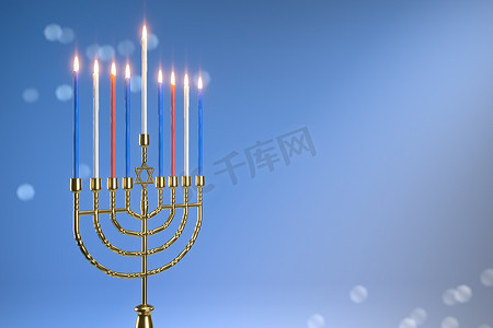 光明摄影照片_3d 渲染犹太节日光明节的图像与烛台或散景背景上的传统烛台。