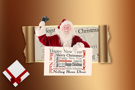 摇铃铛摄影照片_圣诞老人的复合形象举着牌子，摇响了他的铃铛