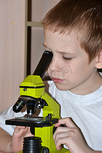 这个男孩在显微镜下看