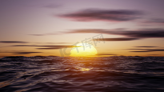 炎热的大太阳在地平线上反射着大海。 