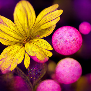 印刷品、墙壁艺术、封面和邀请函的紫色、粉色和黄色抽象花卉插图。