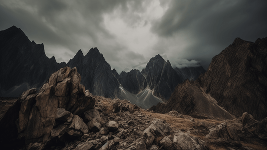 灰色天空下的棕色和灰色岩石山