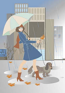 下雨狗摄影照片_年轻女子在雨中牵着狗散步