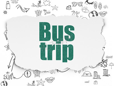 假期概念： 撕纸背景上的巴士旅行