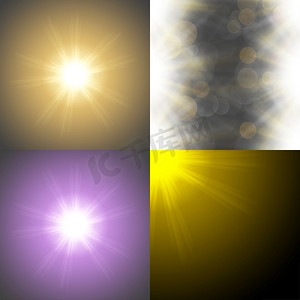 射线效果摄影照片_设置有四个抽象模糊背景覆盖半透明圆圈、灯光效果和太阳爆发。