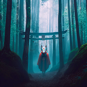 狐狸面具的一个女孩在有雾的森林里