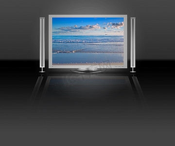 液晶电视摄影照片_带海滩自然场景的等离子液晶电视