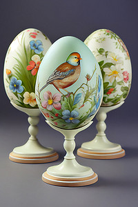 三个带有花鸟图案的复活节彩蛋