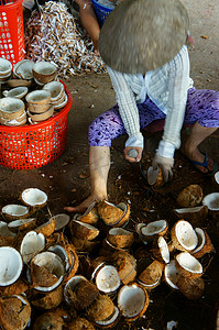 亚洲工人，椰子，椰干，材料，湄公河三角洲
