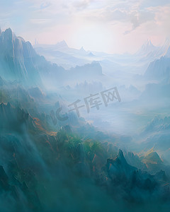气氛海报摄影照片_在非常多云的气氛中，具有幻想概念的景观的 3D 插图与山脉和山峰