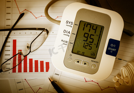 血压计计摄影照片_下降图表和高血压。