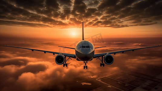 日落的夕阳和飞机插画