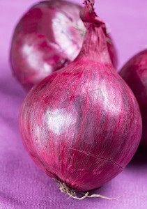 紫色桌布上的宏红洋葱